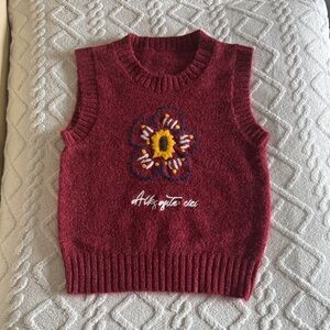 Red Sleeveless Sweater Vest with Floral Design